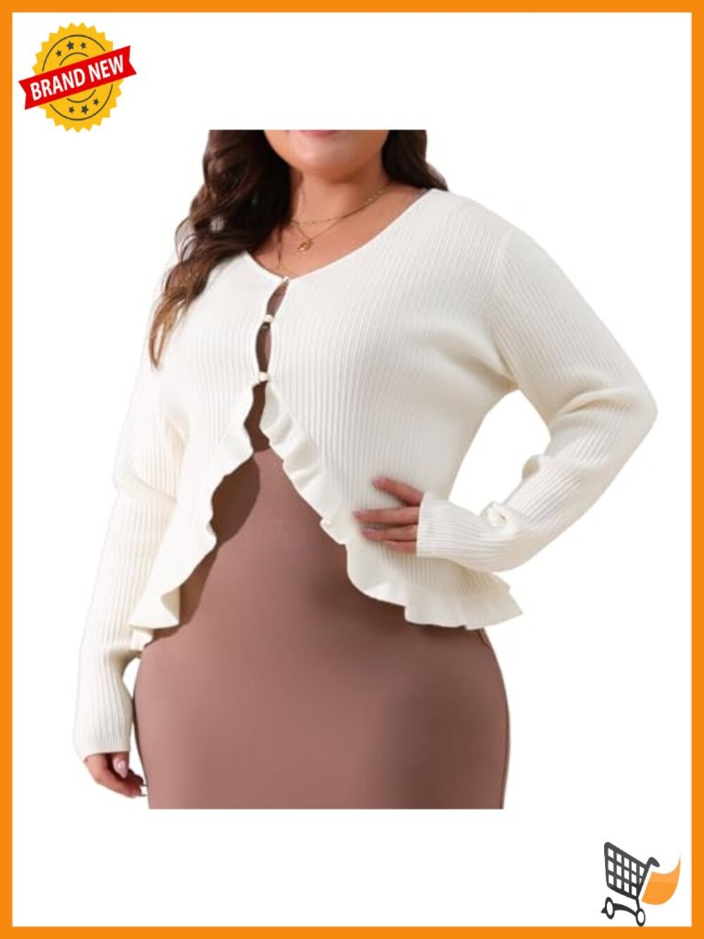 Plus Size Cardigan Long Sleeve Knit Open Front Ruffled Button